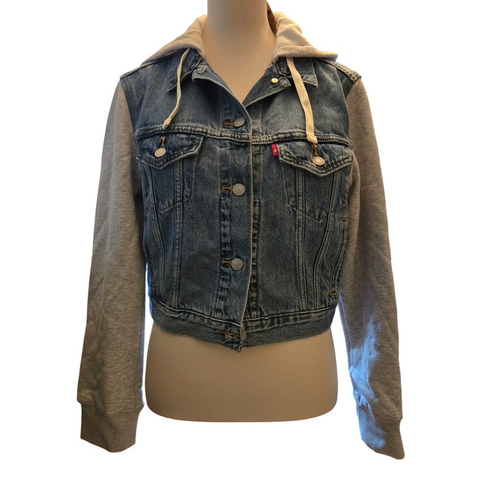 Levi's Denim Hoodie Jacket Womens XS Blue Grey New Cropped Mixed Media A87580001
